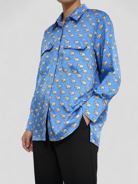Zara Elephant Print Satin Button Up Shirt Blue Silky Relaxed Fit Size S Novelty